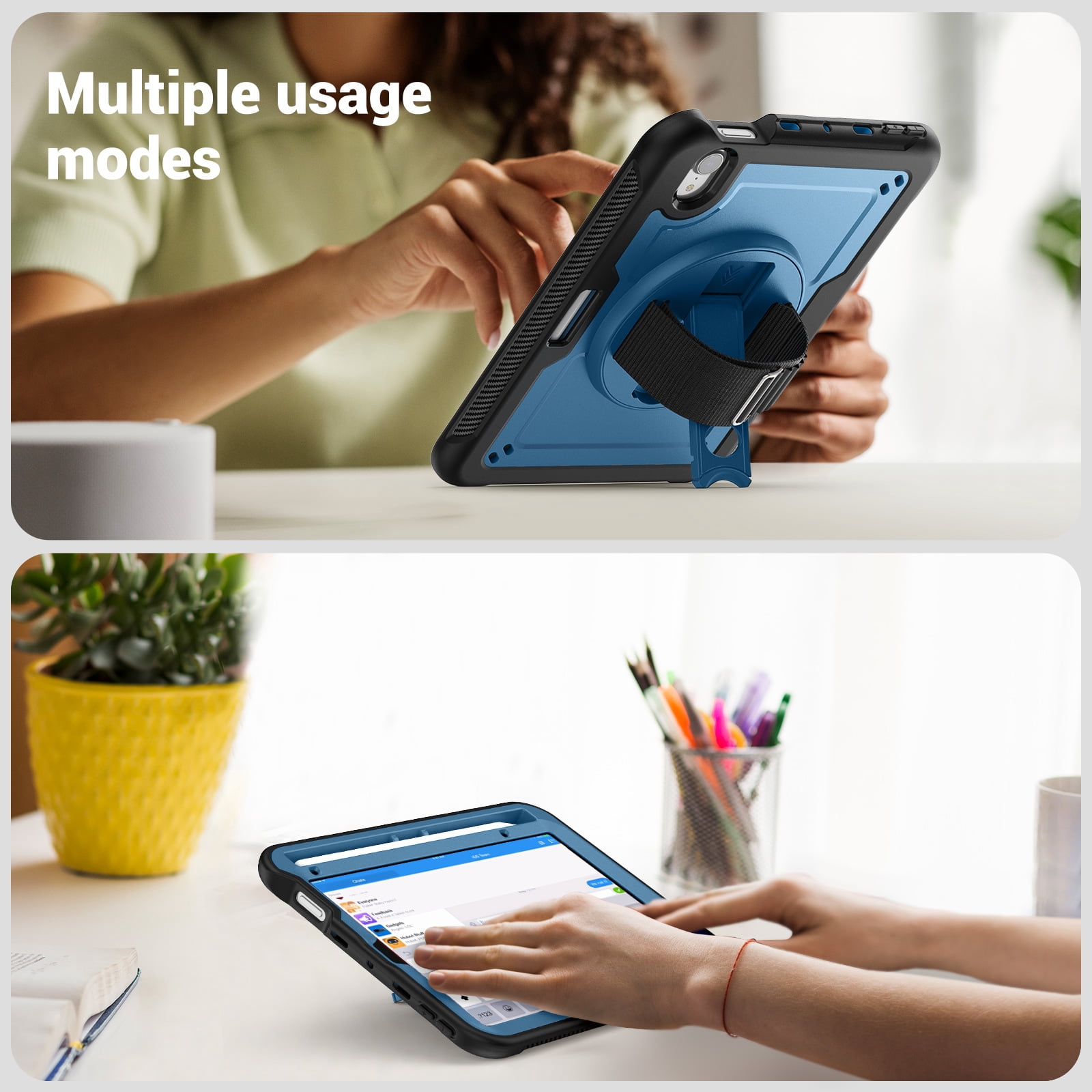 ELEHOLD Rugged Case For Apple iPad 11th(A16) 2025/10th Gen 2022,360 Rotating Stand Hand Strap Shoulder Strap Pencil Holder Full-Body Heavy Duty Shockproof Protective Case,Navyblue