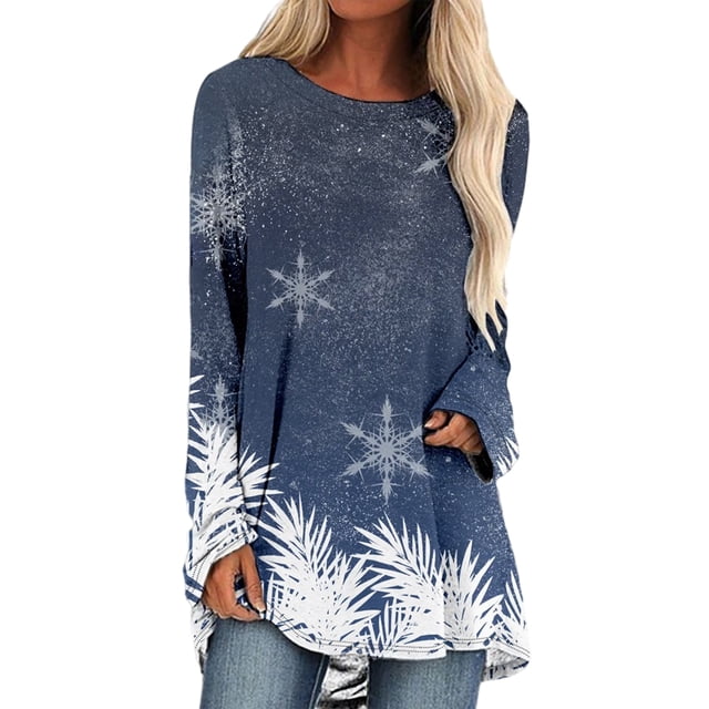 Innerwin T-Shirt de Noël à Manches Longues Femmes Tee Vacances Flocon de Neige Impression Mode Xmas Tops Bleu 2XL