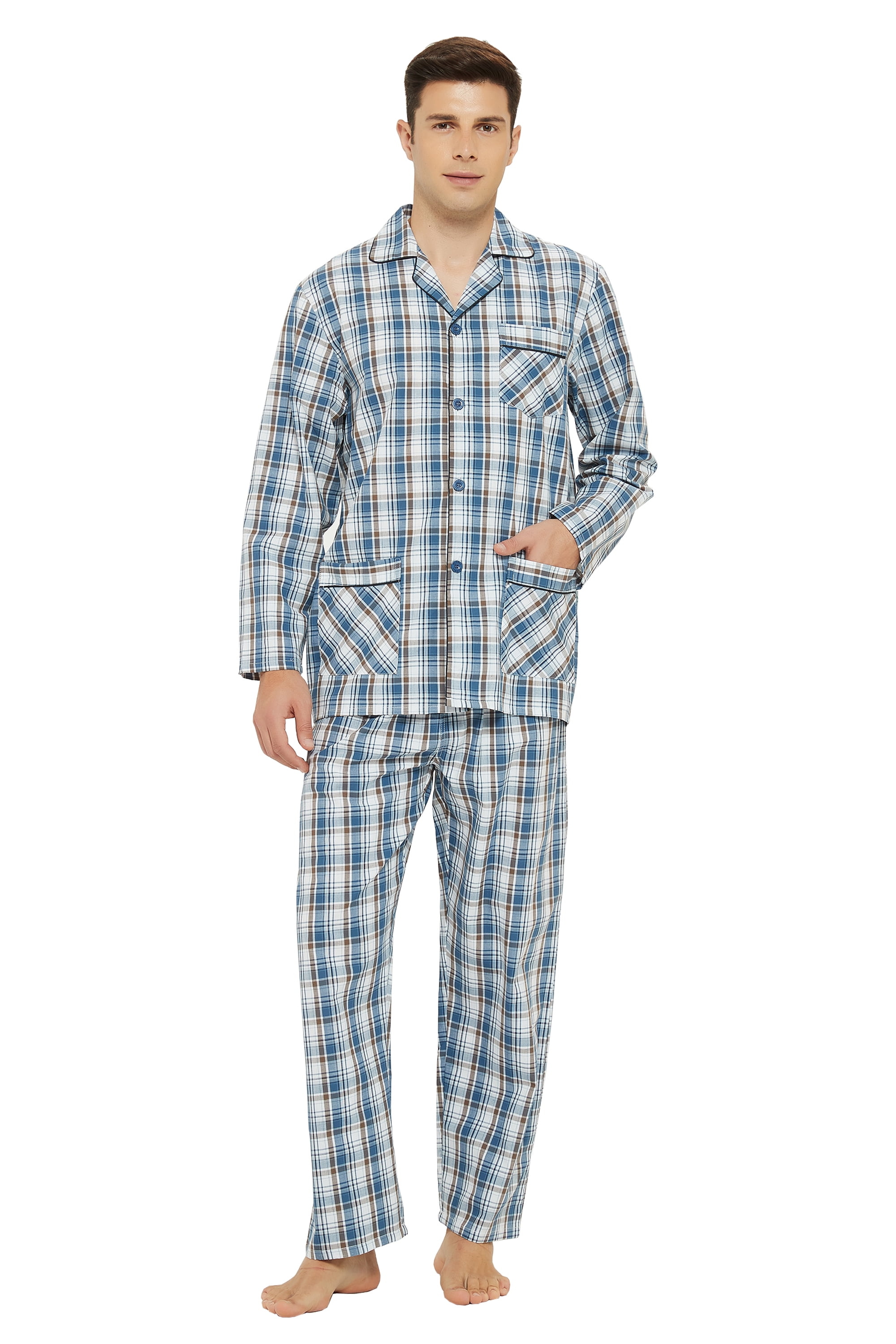 GLOBAL Mens Pajamas Set 100% Cotton Yarn Drawstring Sleepwear Set with ...