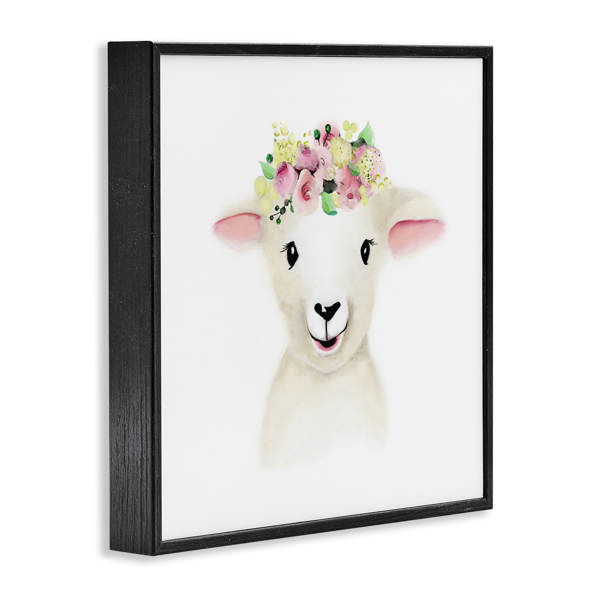 Stupell Industries Baby Lamb Sheep Flower Crown Art for Kids Painting Black Framed Art Print Wall Art, 24 x 24