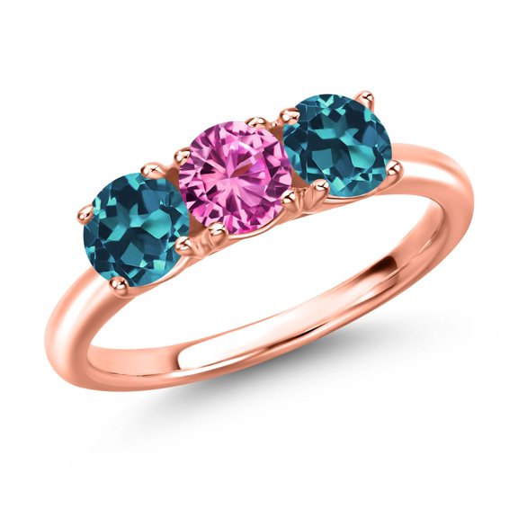 Gem Stone King 18K Rose Gold Plated Silver Pink Created Sapphire and London Blue Topaz Engagement Ring for Women | 1.95 Cttw | Round 5MM | Gemstone September Birthstone | Size 7