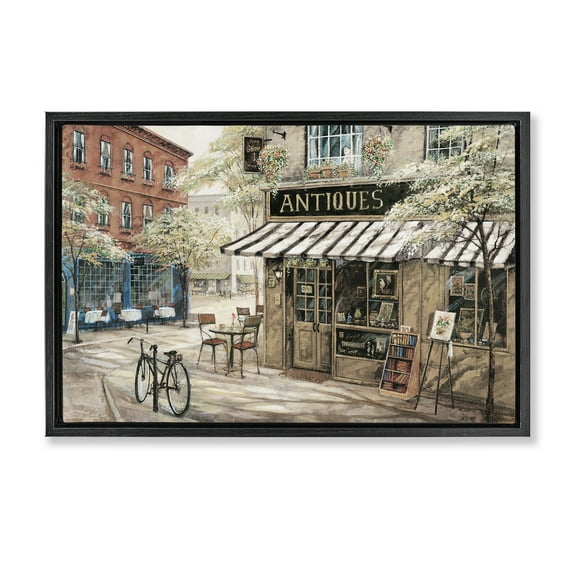 Stupell Industries Cozy Town Antiques Shop Scenic & Cityscapes Painting Black Floater Framed Canvas Art Print Wall Art, 25 x 17