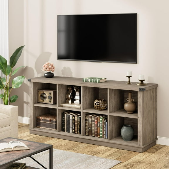2-Tier 8 Cube Book Shelf, Rustic Farmhouse Wood Horizontal Bookshelf, Bookcase Cabinet, Storage Organizer