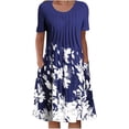 thumbnail image 1 of QJUHUNG Midi pour Femmes Été Décontracté Ample Boho Imprimé Floral Col Rond Manches Courtes Robe Froncée Longueur Genou avec Poches, 1 of 4