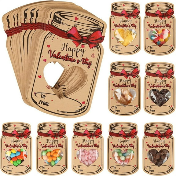 24 Valentine's Day Candy Cards With Drifting Bottle (Mason Jar) Shaped Cards Featuring Heart Cutouts For Sweet Gifting, Perfect For Valentine's Day Party Gift Exchange, Classroom
