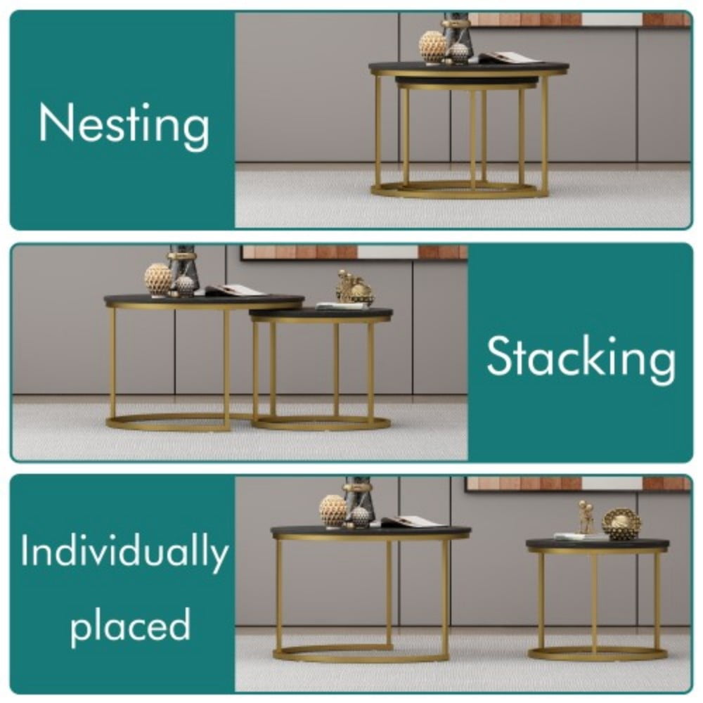 27.6" Nesting Coffee Table Set of 2, Round Wood Marble Pattern Top with Sturdy Metal Frame, Stackable End Tables for Living Room, Bedroom, Office, Black & Gold