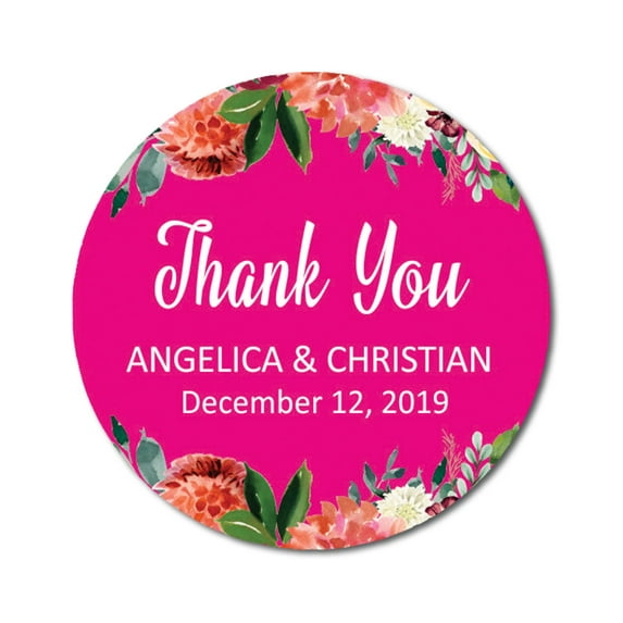 Darling Souvenir Round 45 Pcs Floral Border Thank You Stickers Personalized Bride Groom Names And Date Envelope Seals-Fuchsia Pink