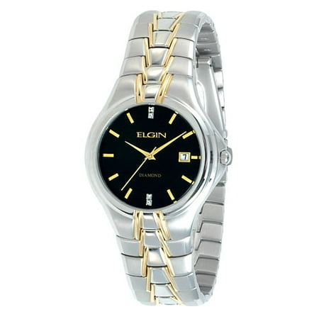 Men's Solid Stainless Steel Watch with Diamonds, Black Dial