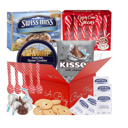 Chocolate Gift Set SwissMiss Milk Chocolate Marshmallow Hot Cocoa Mix, Peppermint Candy Cane Spoons, Hershey Kisses Milk Chocolate, Danish Cookies, MUCHAI Gift Box (Deluxe Box Size, Yummy Treats)