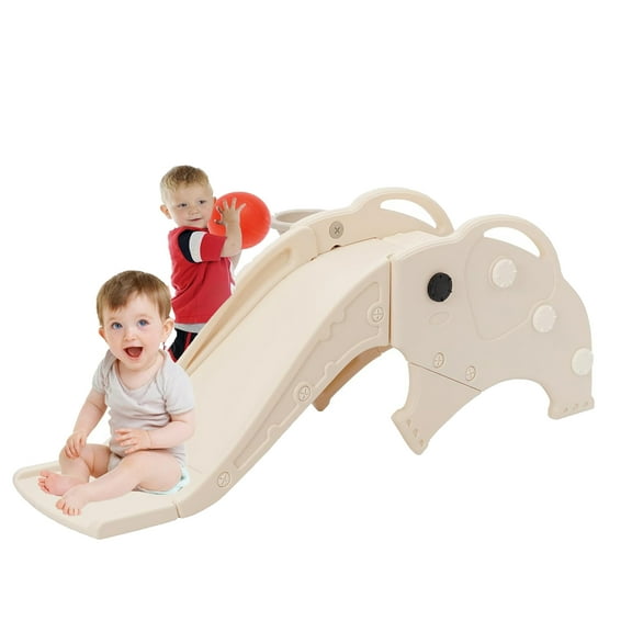 Ealing Slide for Toddlers Indoor Baby Slide Climber Freestanding Playset with Basketball Hoop,Beige