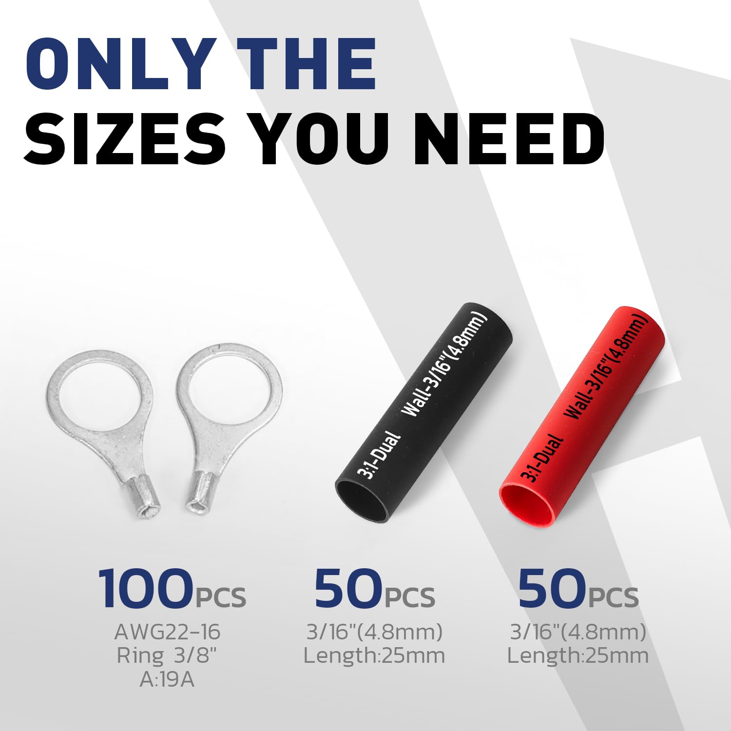 Non-insulated wire connector kit, includes 100 3/8 inch ring terminals (22-16) and 100 3:1 heat shrink tubes, suitable for automotive and marine, for welding and soldering wire crimp terminals