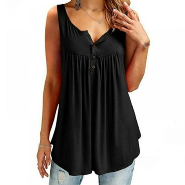 Womens Summer Sleeveless V Neck Solid Color Casual Swing Shirts Flowy Tank Tops Blouses with Buttons