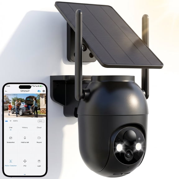 Security Cameras Wireless Outdoor WiFi, Solar Battery Powered, 360° View, AI Human Detection, Color Night Vision, 2-Way Audio, Real-Time Alerts, IP66 Waterproof, SD/Cloud Storage Black