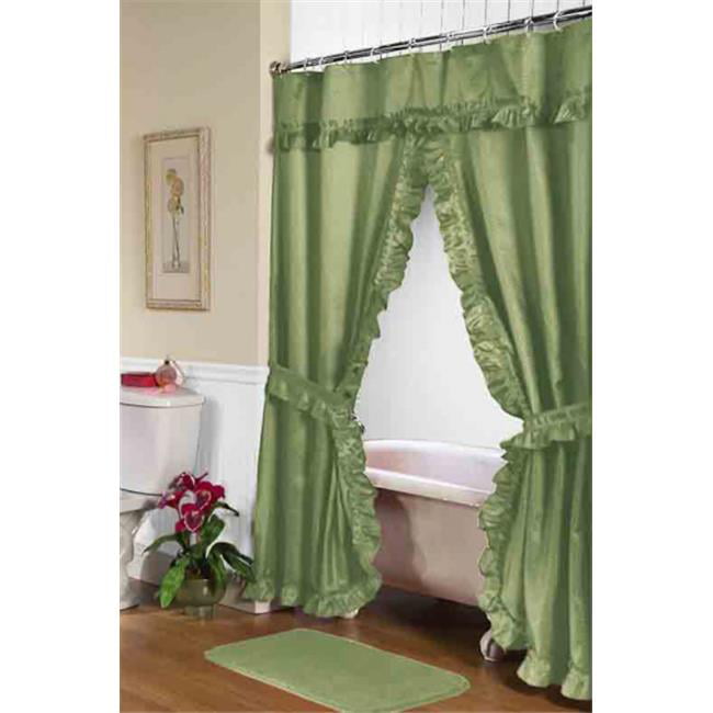 Diamond Dot Ruffled Fabric Bathroom Window Curtain With Attached Valance and Tiebacks Evergreen 
