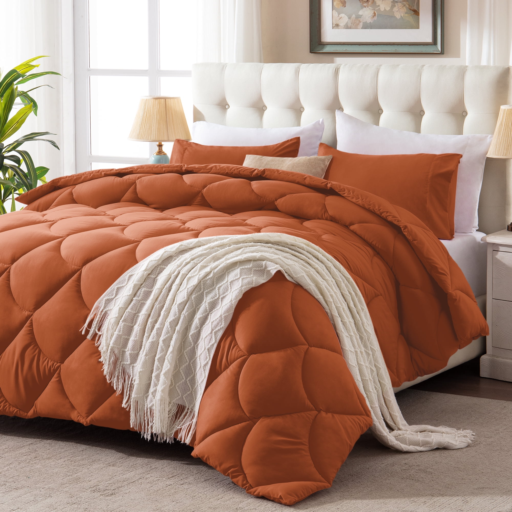 Yalamila Full Size Comforter Set 3-Piece All-Season Down Alternative Reversible Comforter Set,Burnt Orange,200GSM Cooling Quilted Duvet Insert,95 GSM Soft Cover Bed in a Bag