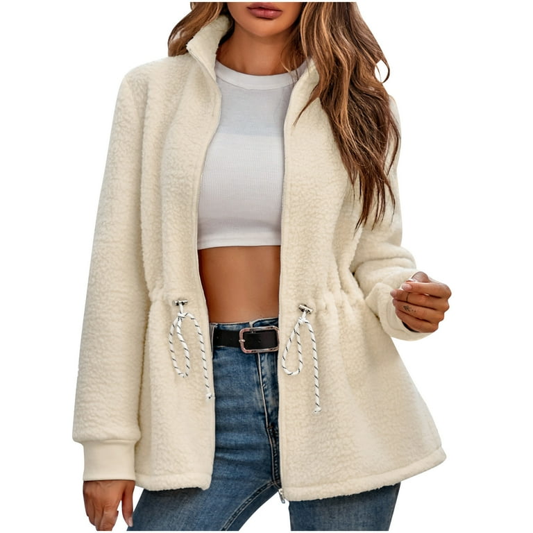 Fleece Jacket for Women Adjustable Elastic Waist Turtleneck Zippered Winter Coats for Women Solid Cardigan Hooded Sweater Coat Long Sleeve Loose Casual Tops Beige qILAKOG Size L Walmart