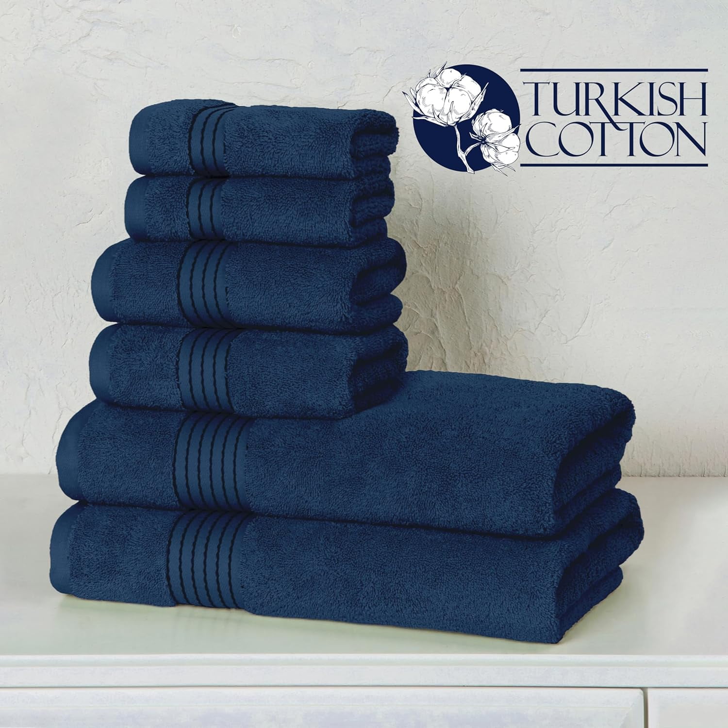 6-Piece Cotton Towel Set, Includes 2 Bath Towels, 2 Hand Towels, and 2 Washcloths, Highly Absorbent, Navy
