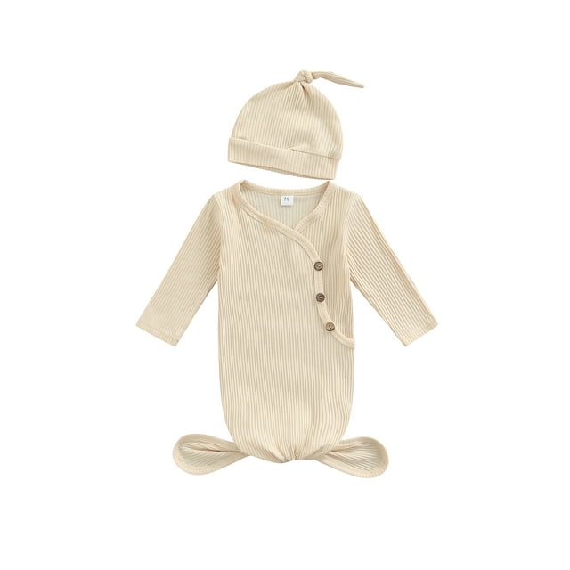 Diconna 0-3 Months Newborn Baby Sleeping Bag Hat Set Ribbed Solid Color Long Sleeves Wearable Blankets Sleep Sack