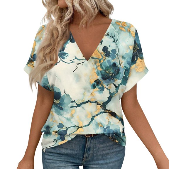 ASDFVBKG Womens Blouses Comfortable Short Sleeve V Neck T Shirts Dressy Solid Vacation Loose Fit Outfits Dark Green M