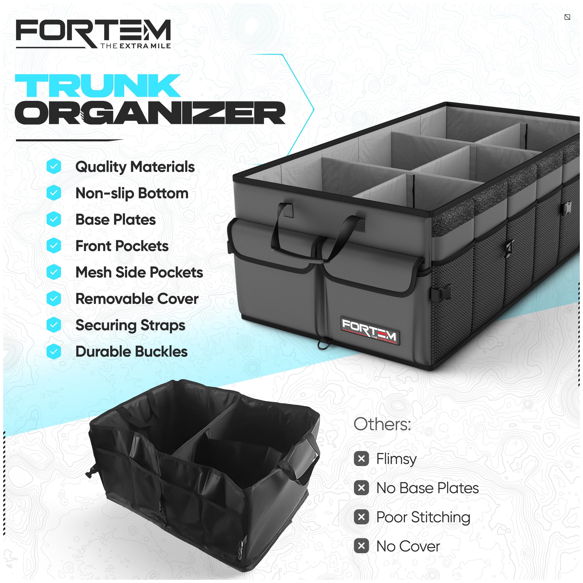 FORTEM Car Trunk Organizer, Collapsible Multi Compartment SUV Organizer, Foldable Storage for Car Accessories for Women Men, 600D Oxford, Non Slip Bottom, Securing Straps, Soft Cover (85L)