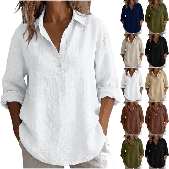 Purcolt Women's Linen Button Shirt Long Sleeve Loose Blouse with Pocket for Summer Travel Beach Work Outfits Solid Work Business Casual Tops