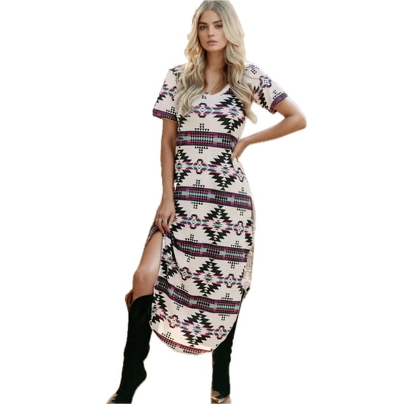 Women's Aztec Print V Neck Midi Dress with Stretch Fabric ninety five percent polyester and five percent elastane