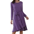 thumbnail image 1 of Vestido morado de manga larga para mujer con cuello redondo, cintura anudada y dobladillo con volante irregular, 1 of 5