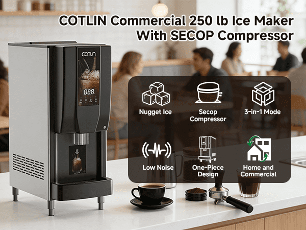 OUTBID Nugget Ice Maker Countertop, 250Lbs per Day Commercial Nugget Ice Machine, 4-5 Minute Ice, 3-in-1 Ice/Water/Mix Mode, Self-Cleaning Auto Drain, Stainless Steel for Bar Restaurant Home Kitchen