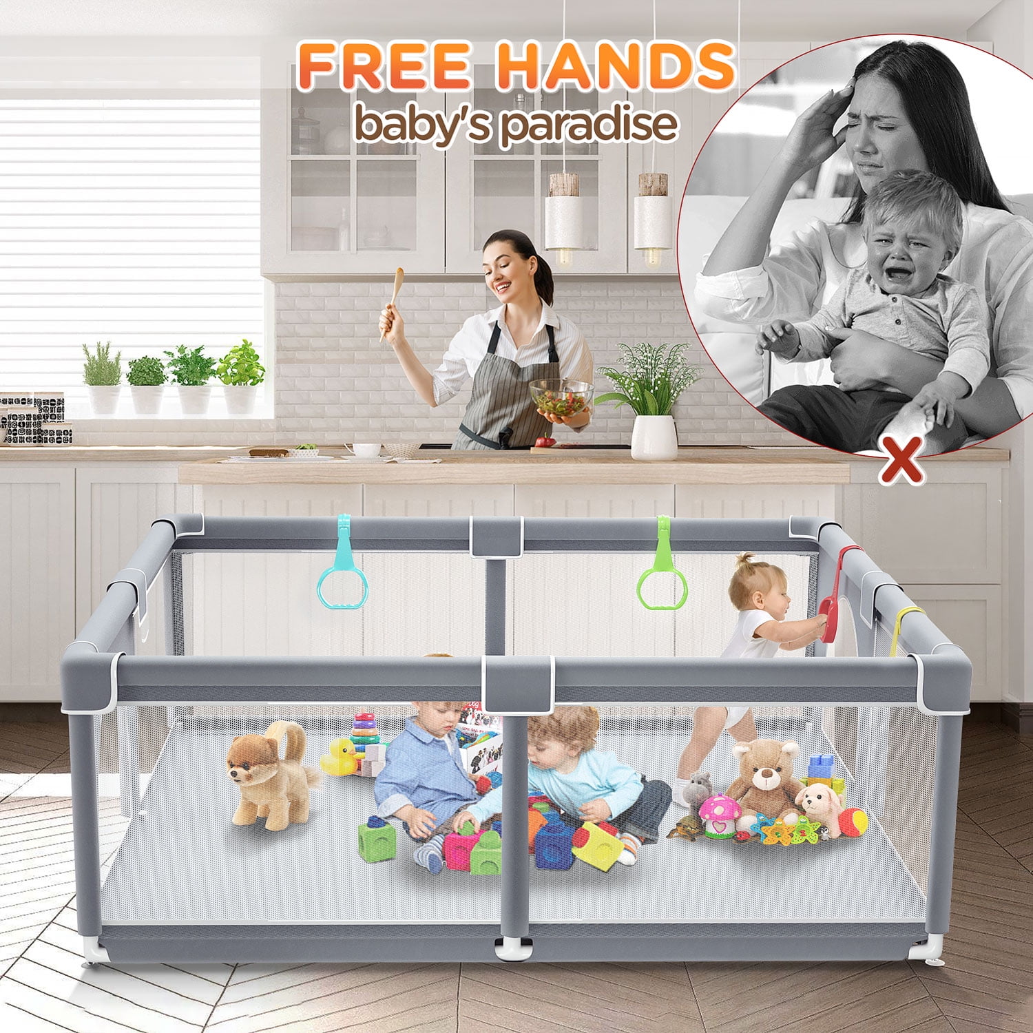 Buy Baby Play Yard, Bubblbay 71x59 Extra Large Playpen with 4 Pull Ring