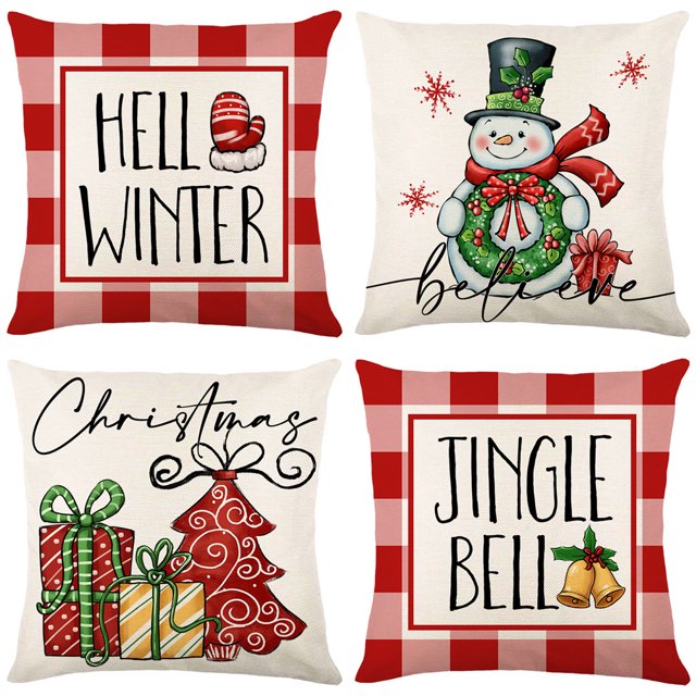 CHAO Juego de 4 fundas de almohada navideñas, Caja roja, decoración de jardín, Fundas de almohada Feliz Navidad en algodón y lino, 45 x 45 cm