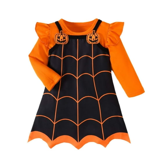 Odeerbi Toddler Girls Halloween Web Suspender Skirt Set Dress Up Clothes Children's Clothing Orange Long Sleeve Ruffle T-shirt Web Print Overall Skirt Suit Orange
