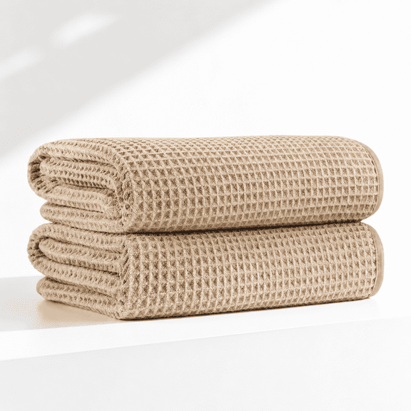 Beige 2-Piece Oversized Waffle Weave Microfiber Bath Towel Set