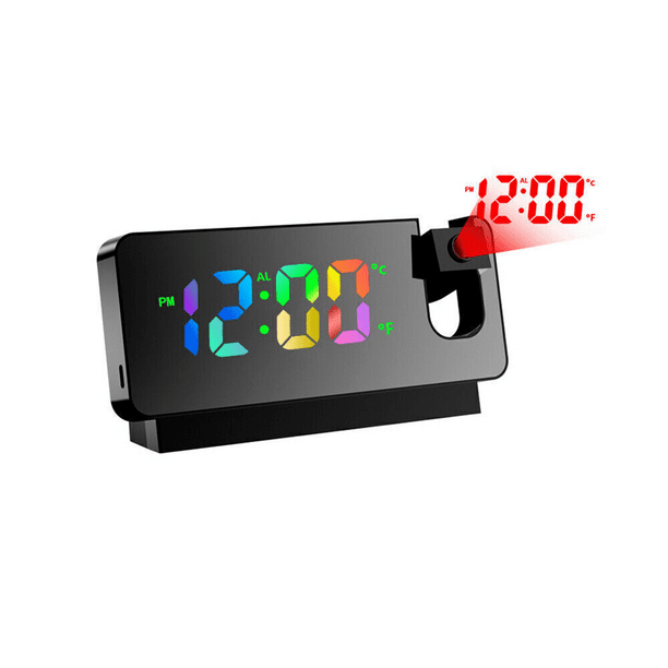 Reloj de proyección HD con proyector giratorio, luz nocturna y puerto de carga USB C para una carga cómoda, pantalla LED grande con atenuación automática y tonos de llamada extra fuertes para