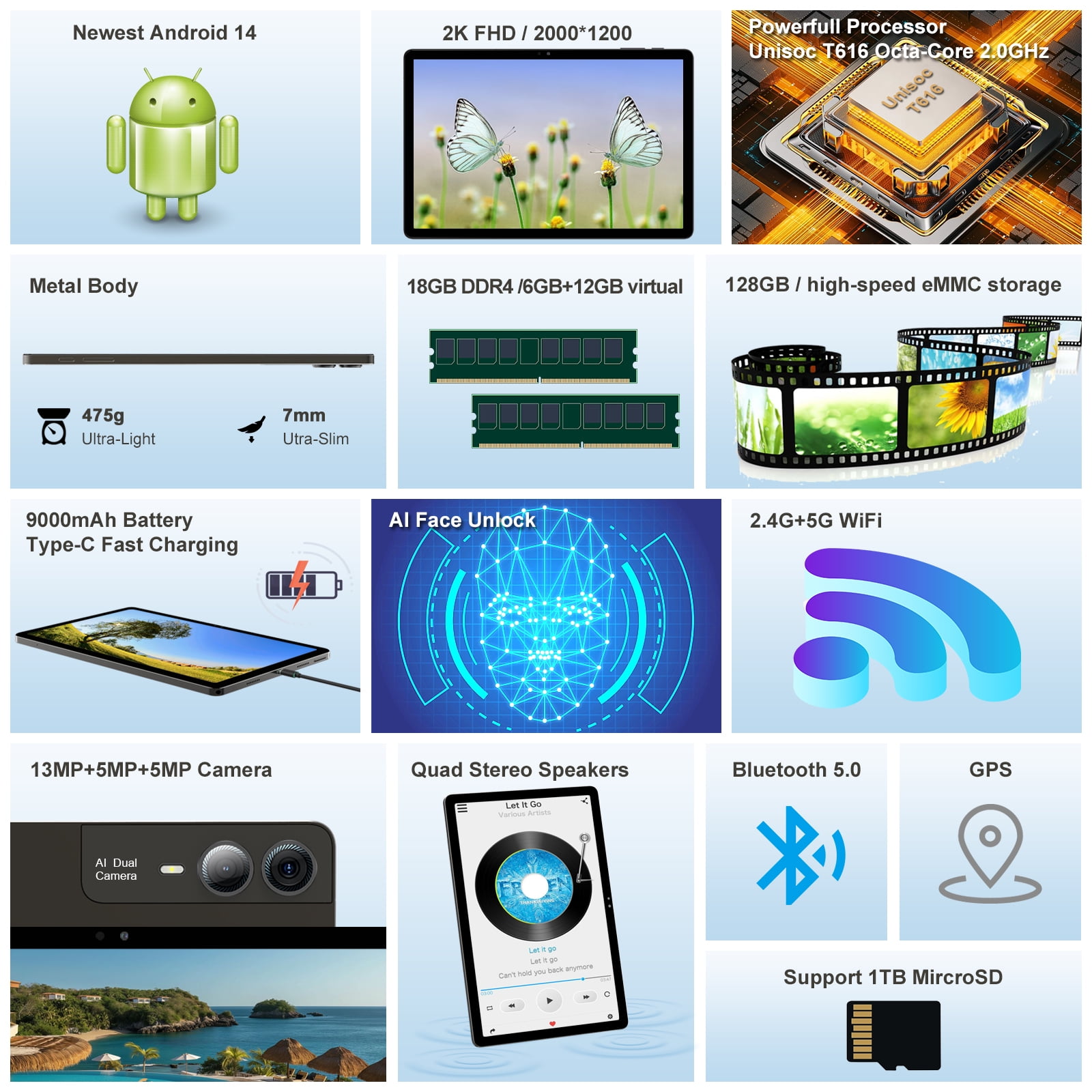 11 inch Tablet with Keyboard Android 14 2000*1200 2K Display Tablets PC, T616 Octa-Core 2.0GHz, 18GB RAM 128GB ROM 1TB Expandable, 5M+5M+13MP AI Camera, 9000mAh Battery, WiFi, Bluetooth, GPS