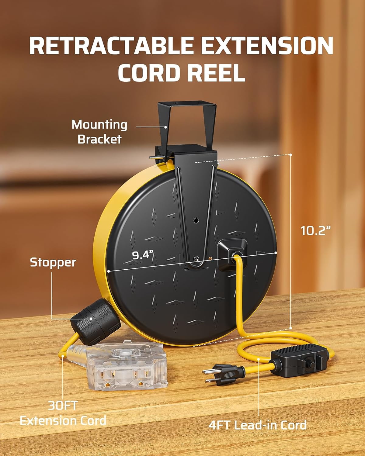 30 Ft Retractable Extension Cord Reel, Ceiling/Wall Mount 16/3 Gauge SJTW Power Cord with 6 Grounded Outlets, Twist-Lock Stopper, 10 Amp Circuit Breaker, Metal Covering, UL Listed