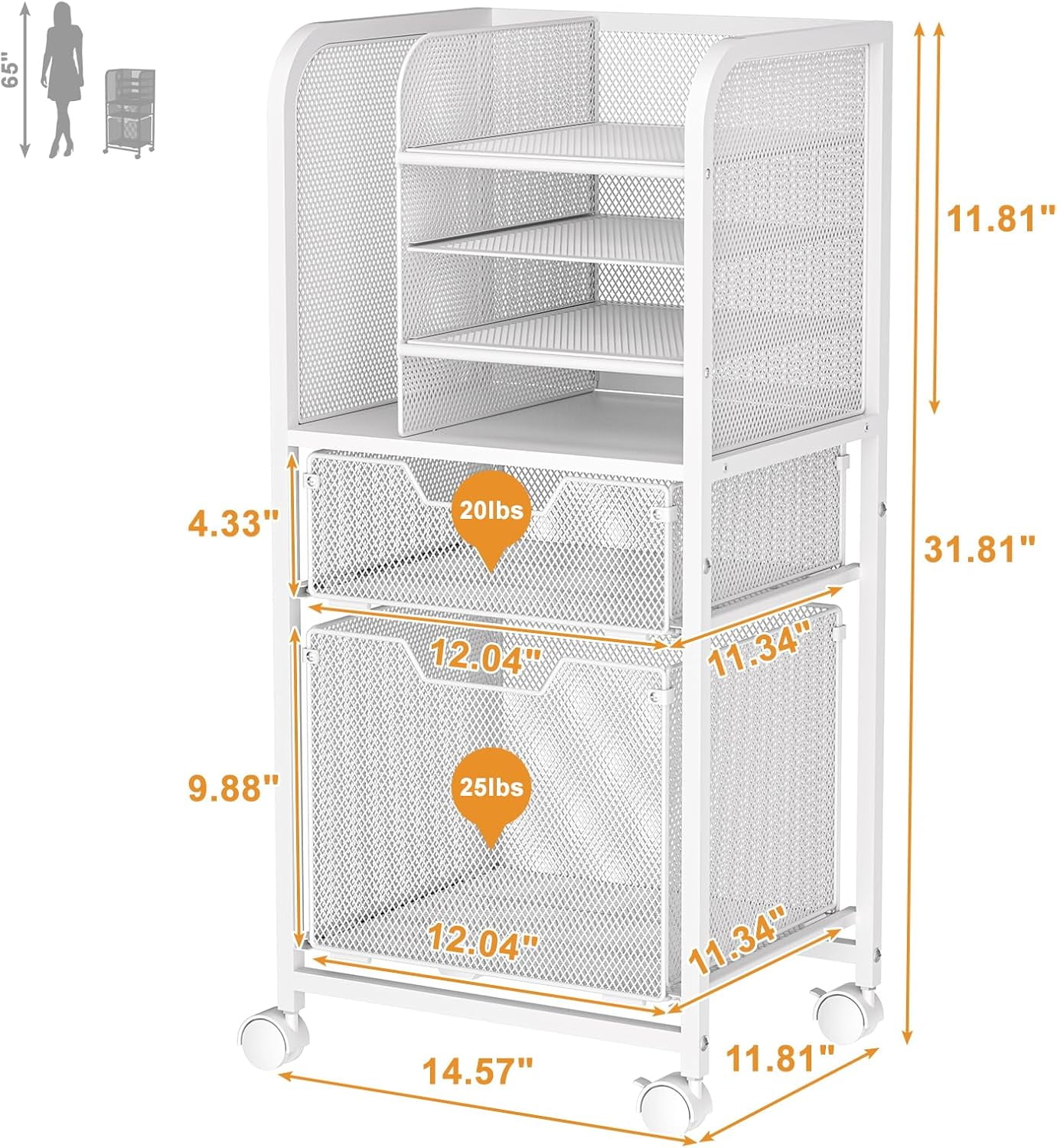 Rolling File Cart with 2 Drawers, White File Cabinet Organizer for Hanging File Folders, Letter-Size File Storage with Wheels, Multi-Layer Mobile Filing Cabinet for Office and Home, White