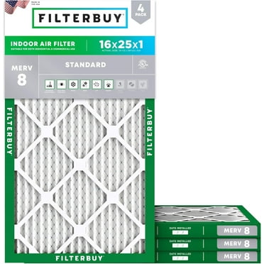 Filterbuy 16x25x1 MERV 8 Dust Defense, Pleated HVAC AC Furnace Air Filters (4-Pack)