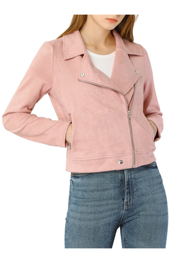 Women's Short Zip Up Convertible Collar Faux Suede Jacket XL Pink