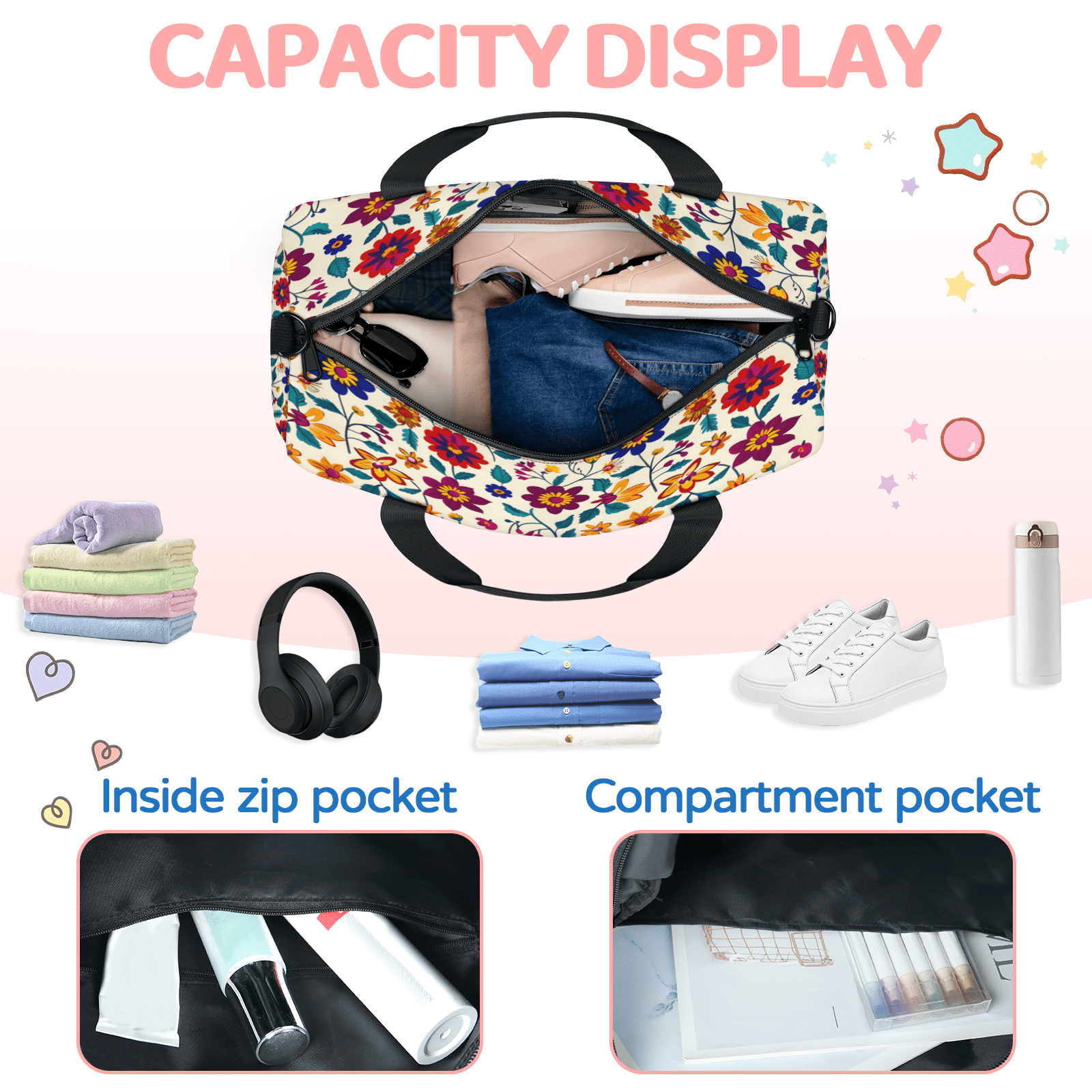 Herdesigns Mexico Floral Colorful Ornate Ethnic Gym Bag for Women, Duffle Bag for Travel Sport, Lightweight Waterproof Carry on Weekender Overnight Dance Yoga Workout Bags