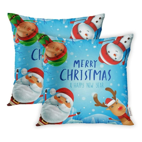 EREHome Merry Christmas Happy Companions Santa Claus Snowman Reindeer Elf in Snow Pillowcase Cushion Cover 20x20 inch, Set of 2