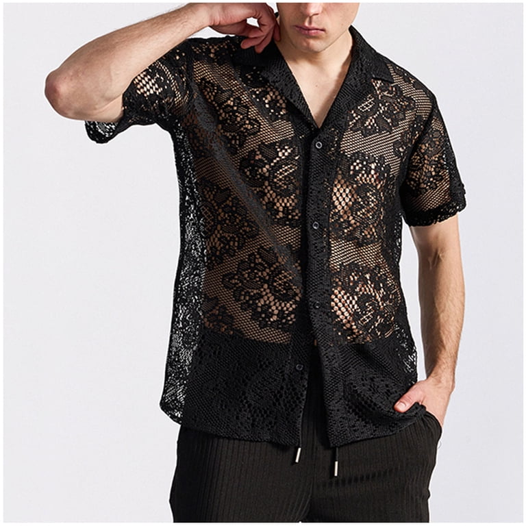 asntrgd Mens Lace Shirt Summer Casual Floral See Through Short Sleeve Button Down Shirts, Men's, Size: Medium, Black asntrgd Mens Lace Shirt Summer Casual Floral See Through Short Sleeve Button Down Shirts, Men's, Size: Medium, Black