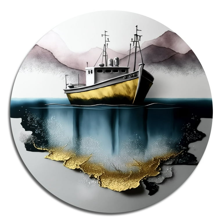 Designart Modern Fishing Boat Gold I Coastal Boat Metal Round Wall Decor
