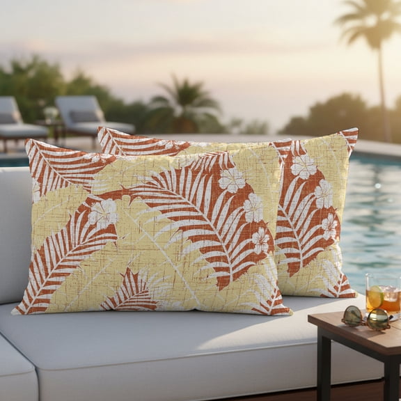 Summer Tropical Plants Outdoor Pillow Covers 20x12 Inch Lumbar Pillow Covers Set of 2 Waterproof Decorative Throw Pillow Cases Palm Tree Yellow Orange Leaves Rustic Cushion Covers for Patio Furniture