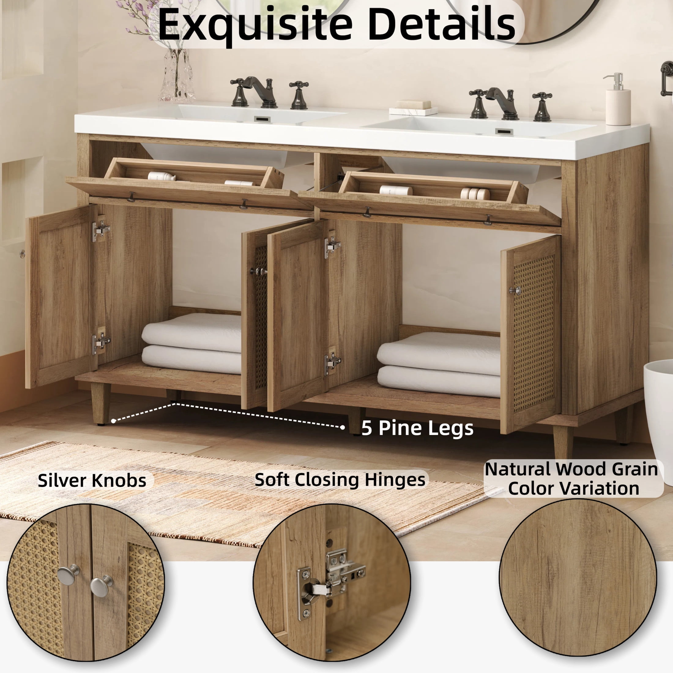 Christopher Knight Home 60" Bathroom Vanity with Double Sink, Large Storage, 2 Tip-Out Trays, 4 Soft-Close Doors, Wood