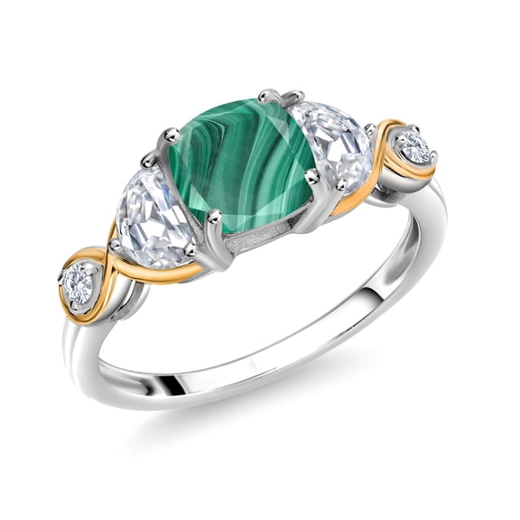 Gem Stone King 925 Silver and 10K Yellow Gold 3-Stone Ring Cushion Malachite Half Moon Moissanite (2.16 Carat Cttw) (Size 7)