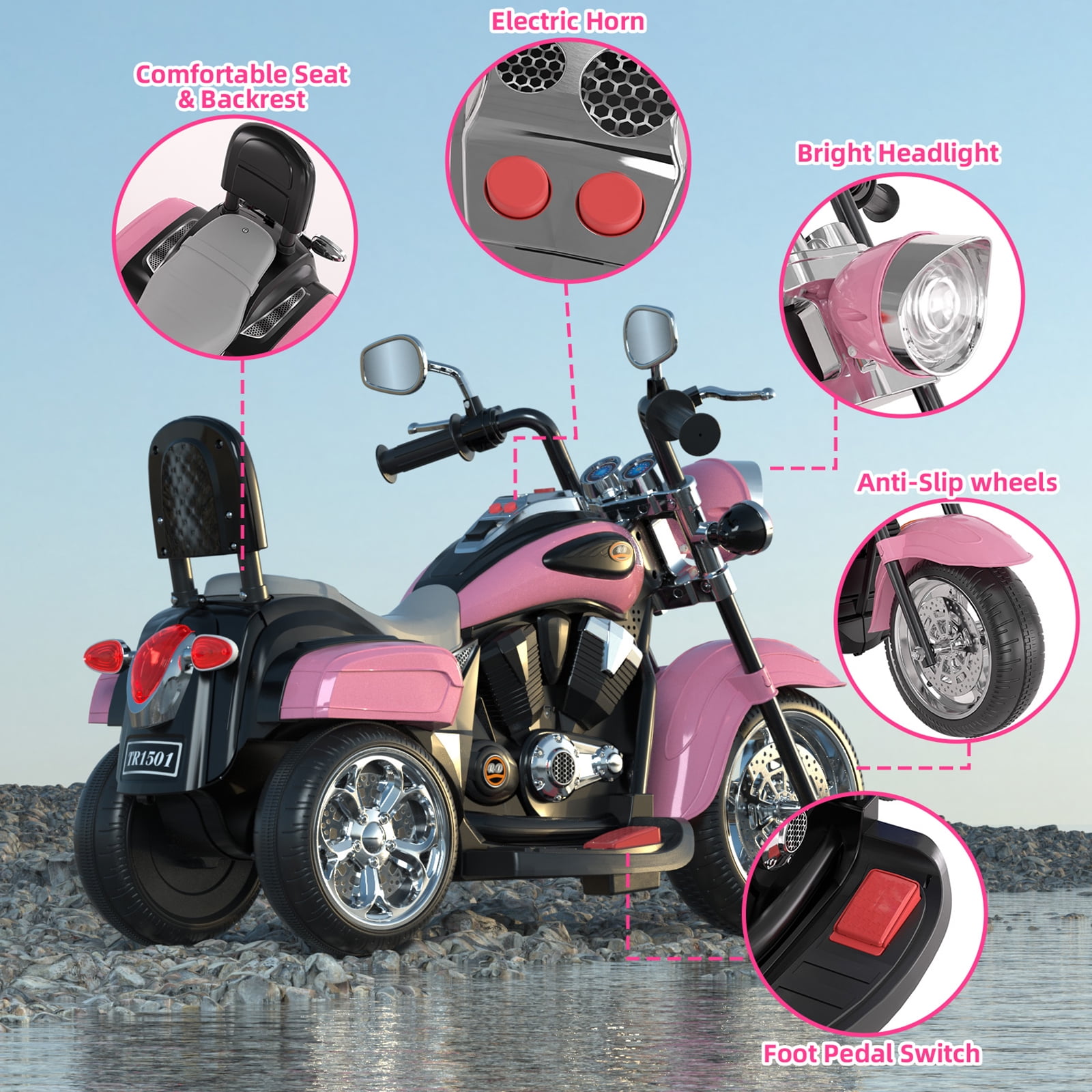 GLAF Kids Motorcycle for Boys & Girls Ages 3-6, 6V Battery Powered Electric Motorbike, 3 Wheels Ride on Toys with LED Lights, Bluetooth Music, Pink