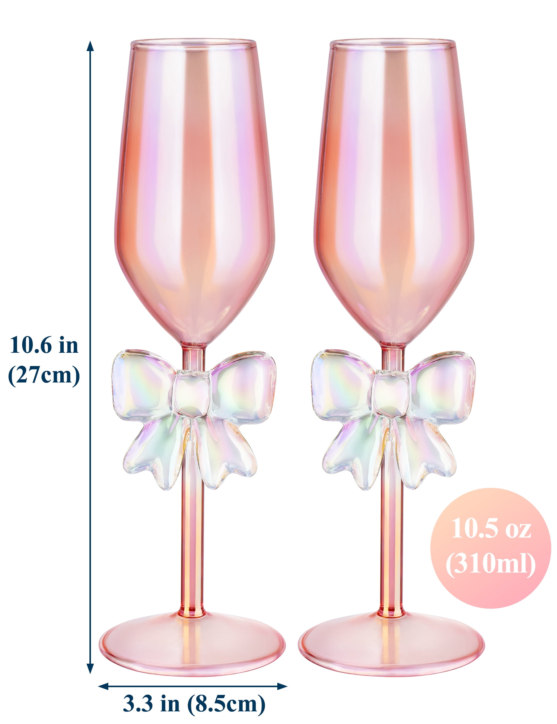 NiHome 2-Pack Pink Iridescent Champagne Flutes with Bow Base for Women, 10.5oz Handcrafted High Borosilicate Glasses, Elegant Rainbow Glassware for Wedding Party Celebration, Unique Tall Drink Cups