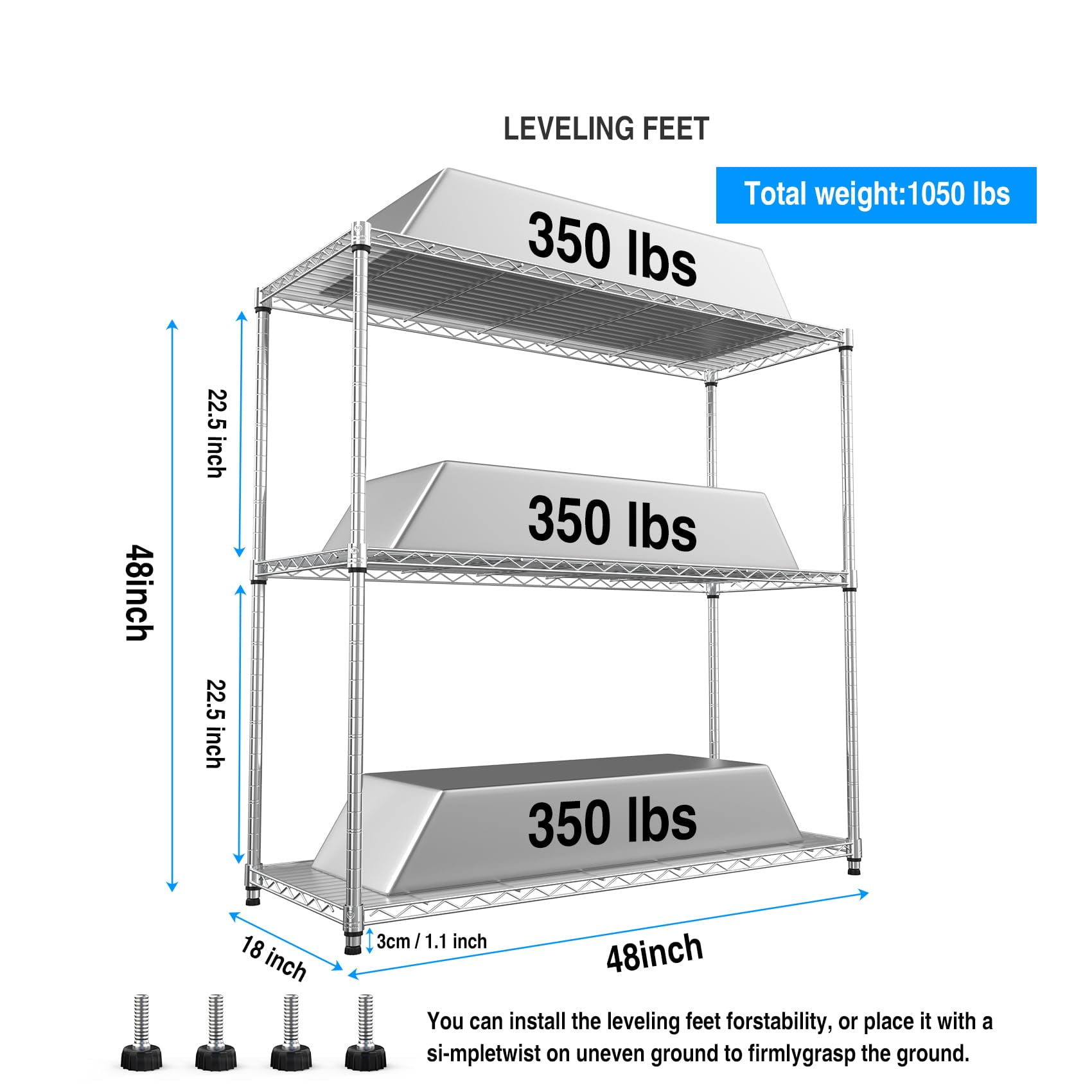 Pouseayar 3 Tier NSF Metal Shelf Wire Shelving Unit, 1050lbs Capacity Heavy Duty Adjustable Storage Rack with Shelf Liners 48" H X 48" L X 18" D