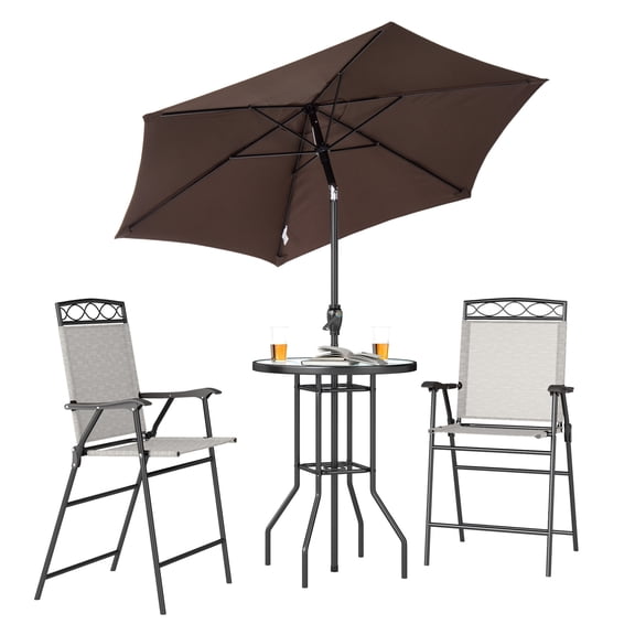 4 Piece Outdoor Bar Set with Umbrella - Patio Dining Set, 2 Folding Chairs, Tempered Glass Table - Beige