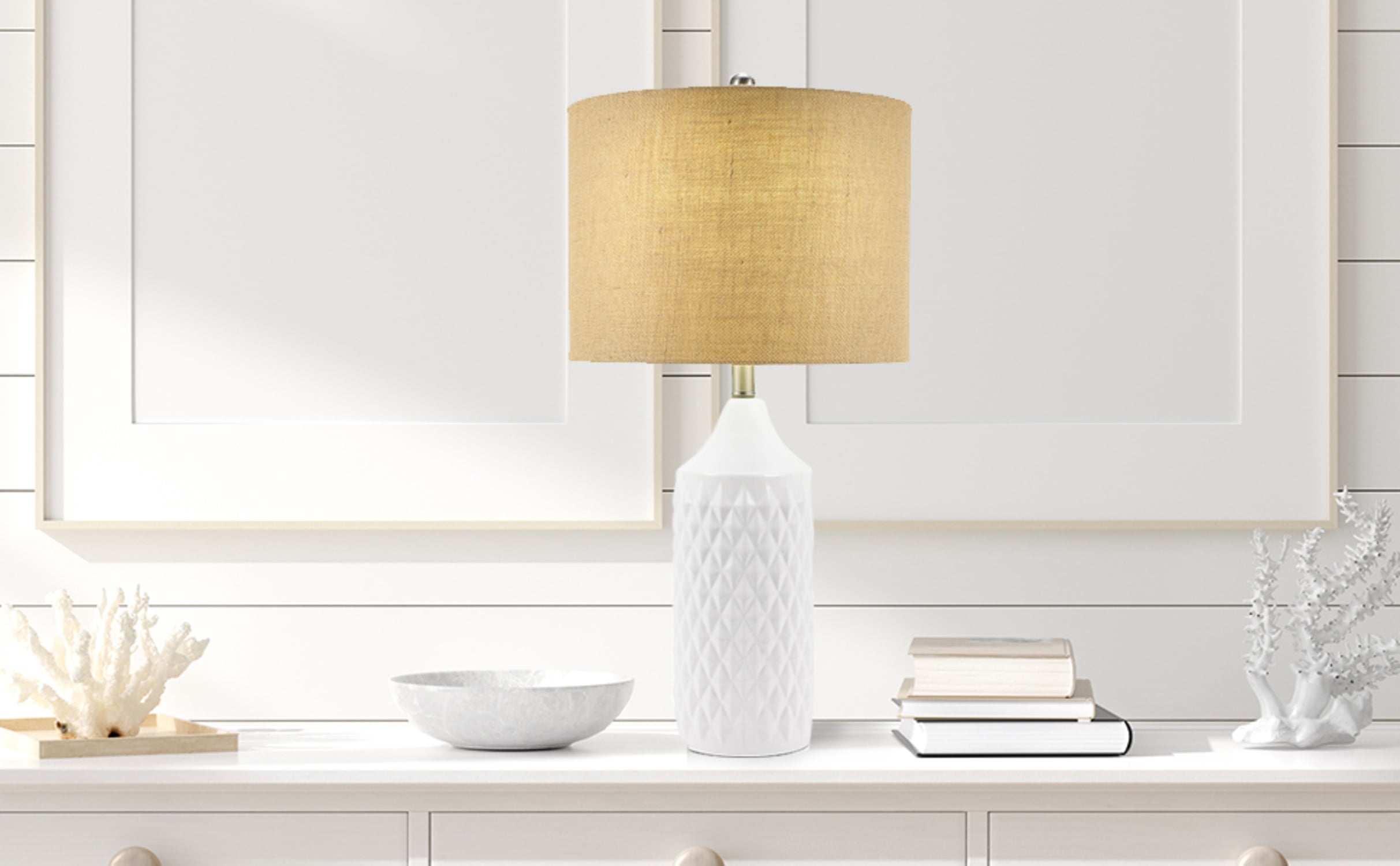 Cresswell Lighting 3-Way Quilted Ceramic Table Lamp with Natural Linen Drum Shade